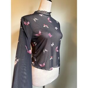 Y2K whimsi boho Butterfly sheer Mesh Long Sleeve Mock Neck shirt dainty Top M pi